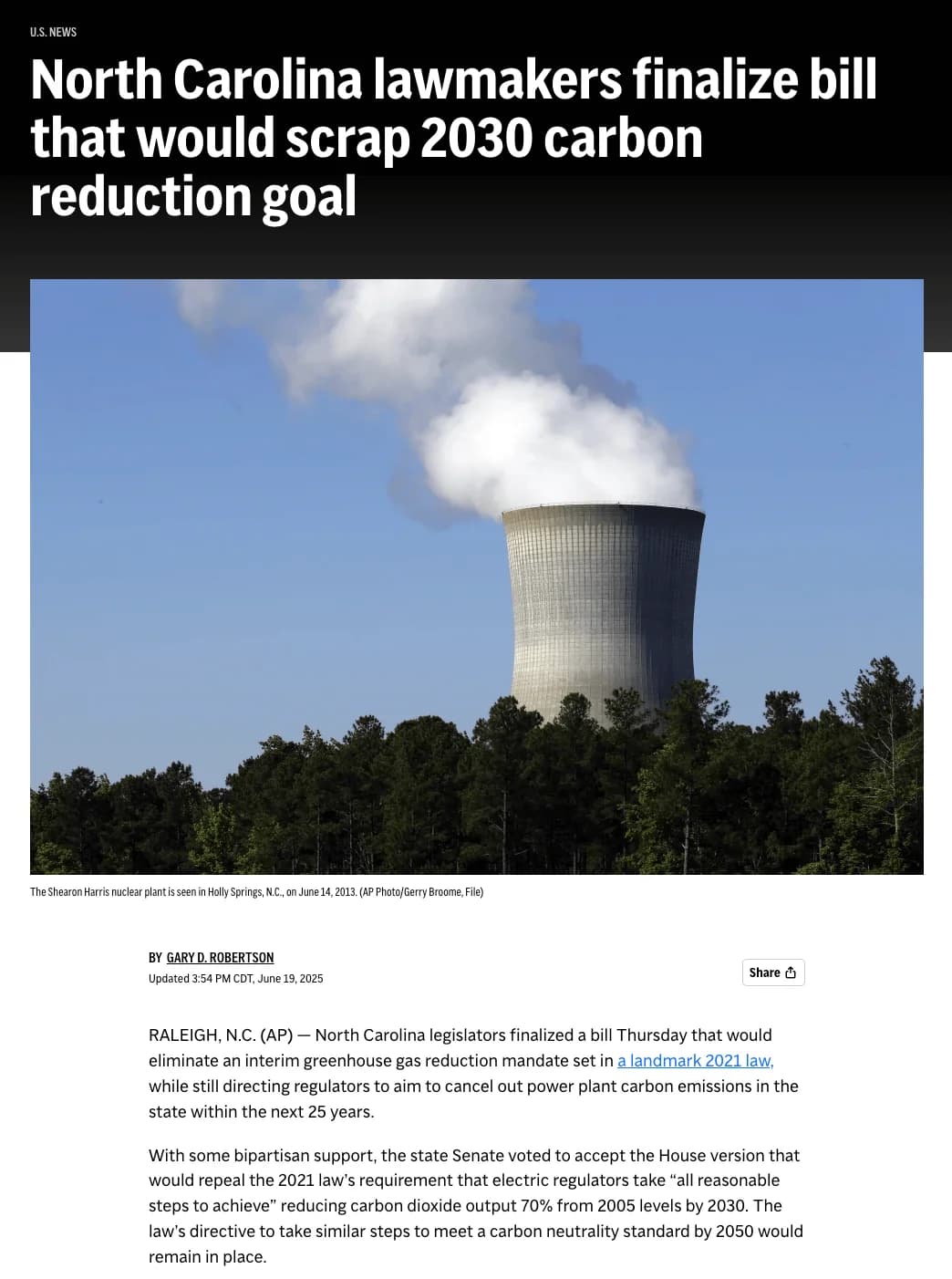 North Carolina lawmakers finalize bill that would scrap 2030 carbon reduction goal