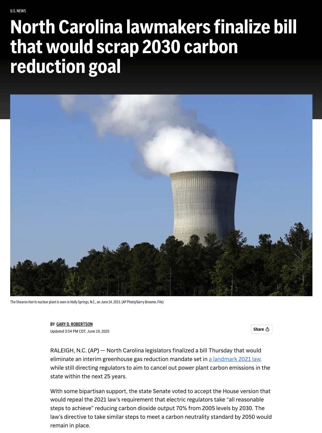 North Carolina lawmakers finalize bill that would scrap 2030 carbon reduction goal