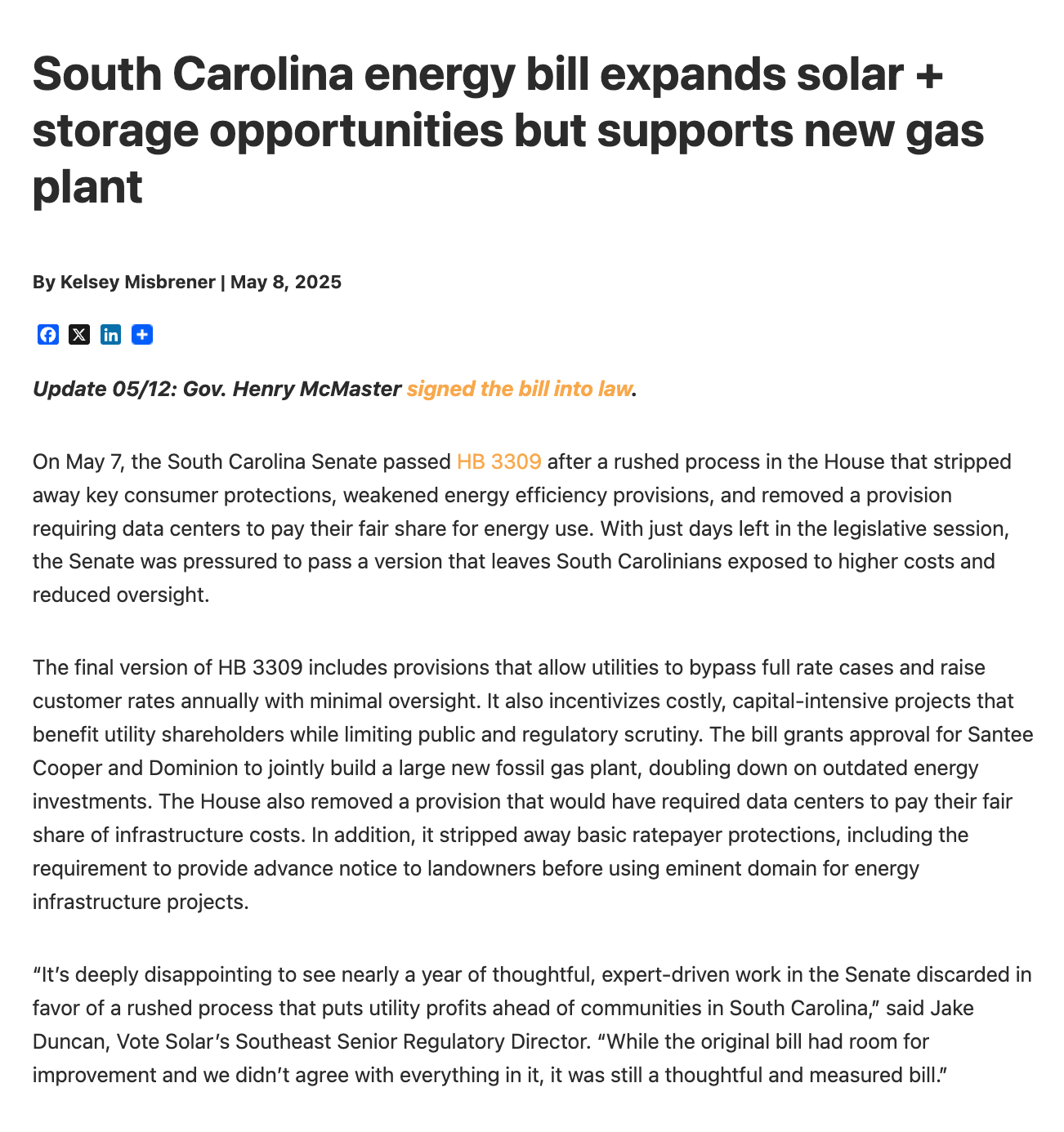 South Carolina energy bill expands solar + storage opportunities but supports new gas plant