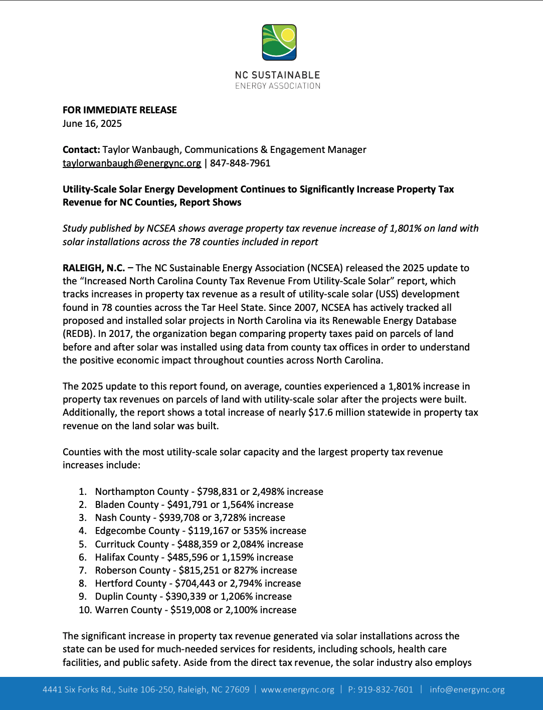 Utility-scale Solar Energy Development Continues to Significantly Increase Property Tax Revenue for NC Counties, Report Shows