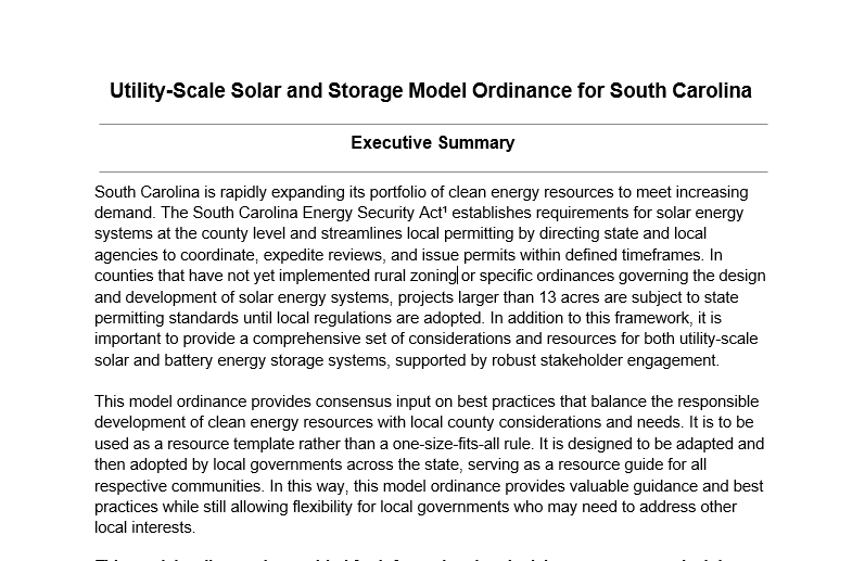 South Carolina Utility Scale Solar and Storage Model Ordinance